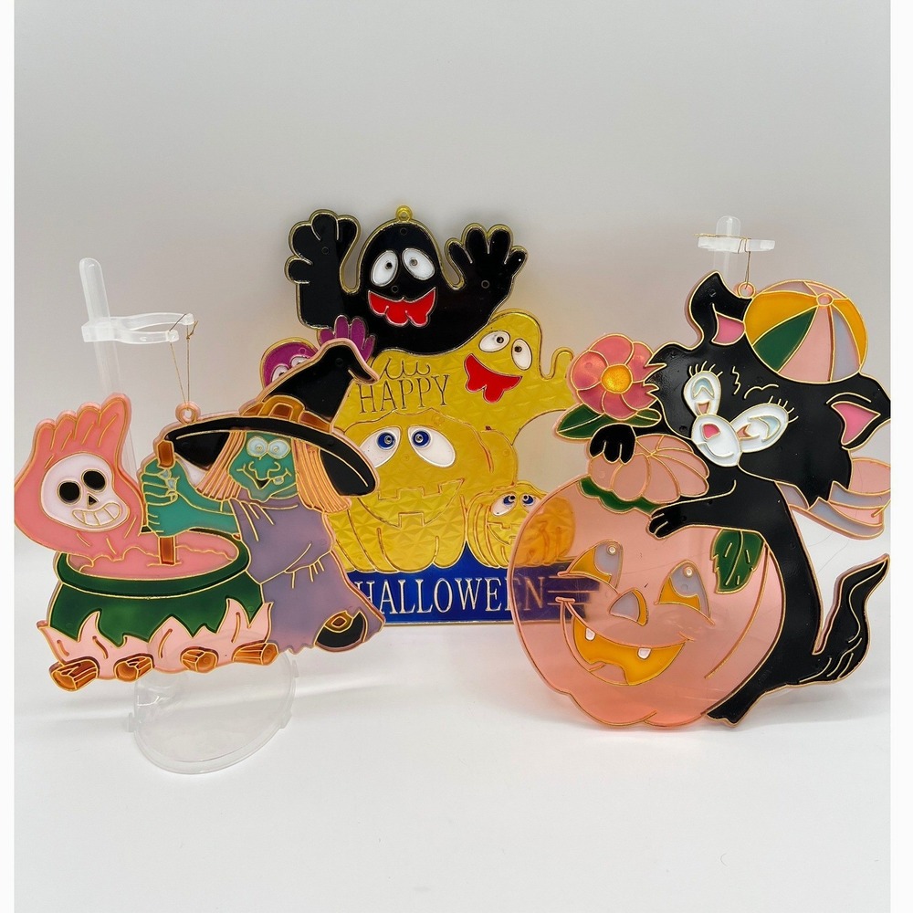 Vintage Halloween Suncatchers Set 3 Black Cat Witch Ghost Pumpkin Window Decor